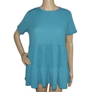 Davina Blouse Womens Size Small Teal Textured Waffle tiered smock tunic top